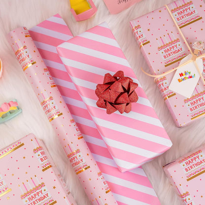 MAYPLUSS Pink Birthday Wrapping Paper Roll - 17 Inch X 16.5 Feet - Girly Shiny Metallic Pink Birthday Cake Pattern Reversible Gift Wrap Paper Pastel for Girl Baby Shower Wedding Bridal Shower