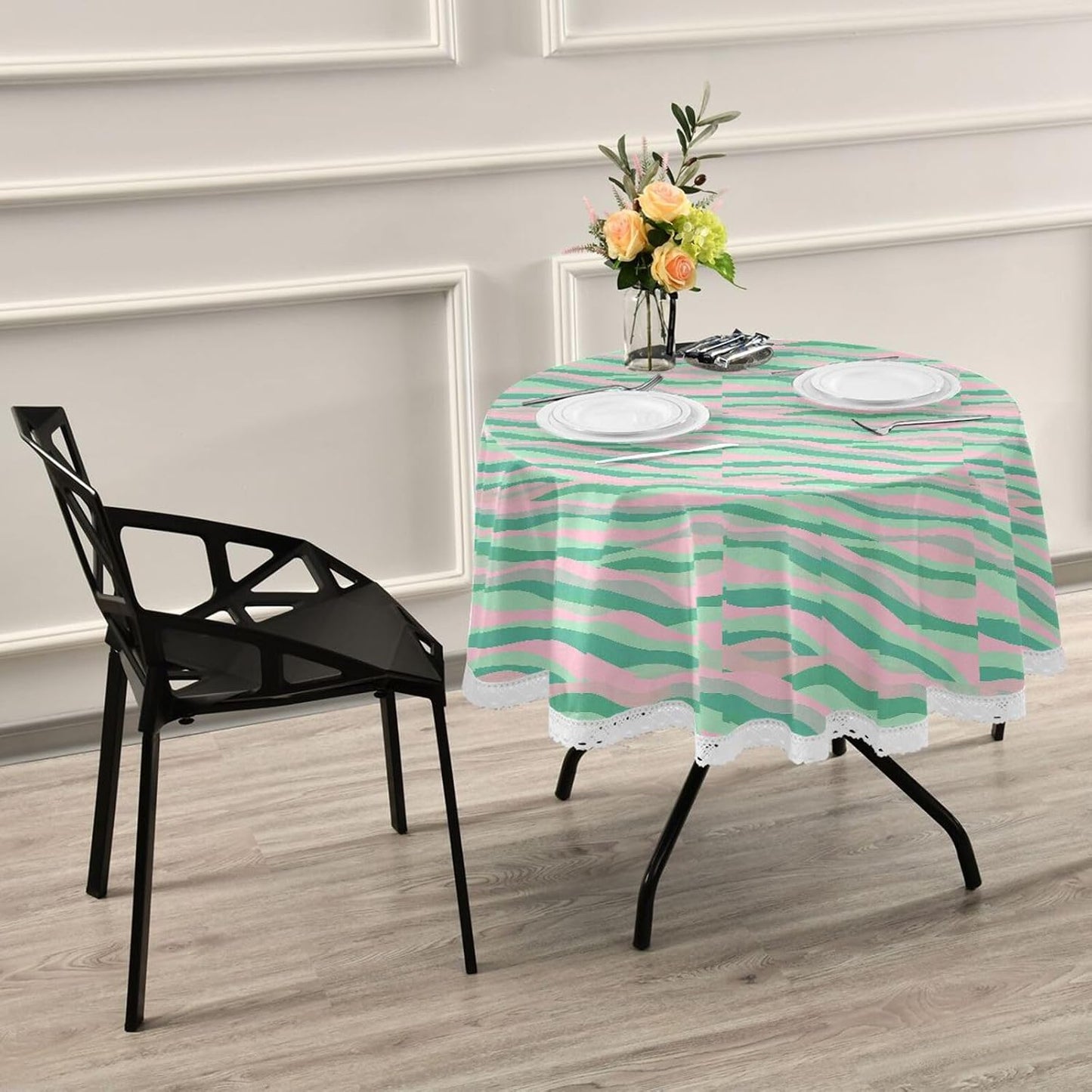 Wave Pattern Green Peach Round Tablecloth Fabric 60 Inch Long Washable Polyester Lace, Circle Tablecloth Table mat Protective for Picnic Restaurant Picnic