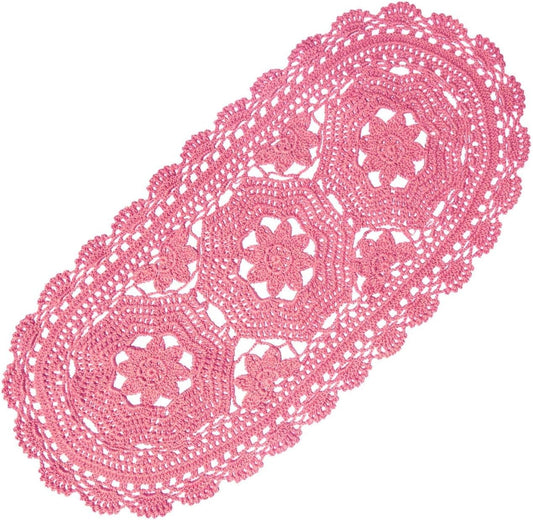 Oval Lace Doilies Width 9" to 11", Length 22" to 23" Handmade Crochet Thanksgiving Table Runner Flower Kitchen Placemats (Pink, 1)