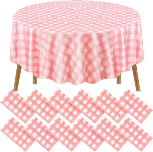 12 Pcs Pink Plastic Disposable Round Gingham Tablecloth, 84 in Checkered Buffalo Plaid Round Table Cloth Circle Table Cover, Heavy Duty, Easy to Clean for Baby Shower Wedding Bridal Birthday Party