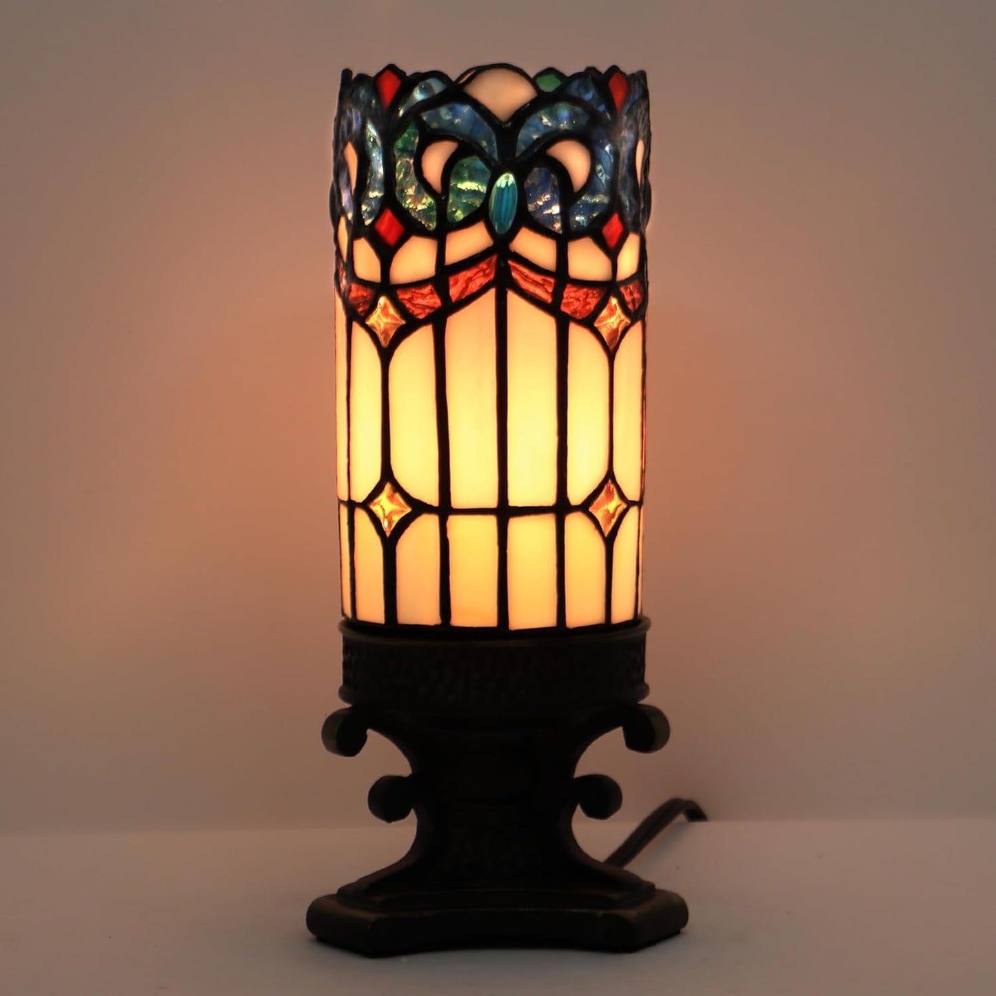 Small Tiffany Lamp Mini Stained Glass Table Lamp Candle Desk Night Light Bronze Resin Base 4" D x 4" W x 10.5" H (Pink Baroque Style)