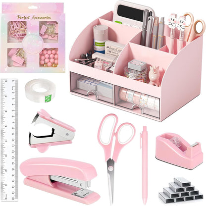 COMFYROOM Pink Desk Accessories with Pen Holder, Pink Office Supplies Desk Organizers and Accessories for women, Tape Dispenser, Stapler, Staple Remover, Staples, Clips Set, Ruler, Scissor, Pen, Tape