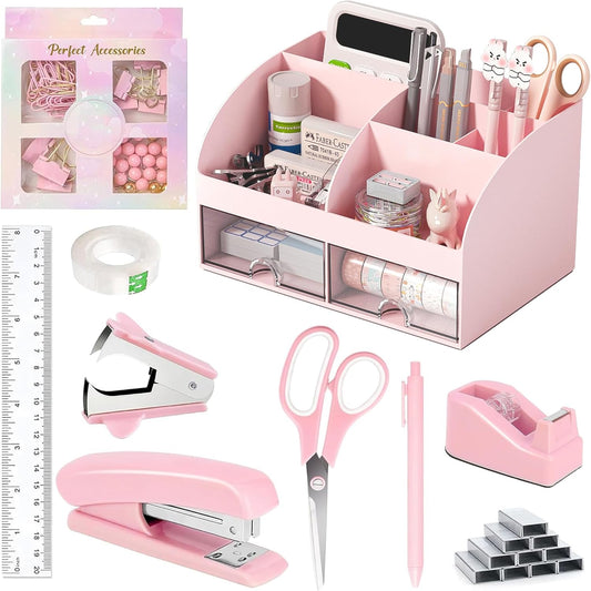COMFYROOM Pink Desk Accessories with Pen Holder, Pink Office Supplies Desk Organizers and Accessories for women, Tape Dispenser, Stapler, Staple Remover, Staples, Clips Set, Ruler, Scissor, Pen, Tape