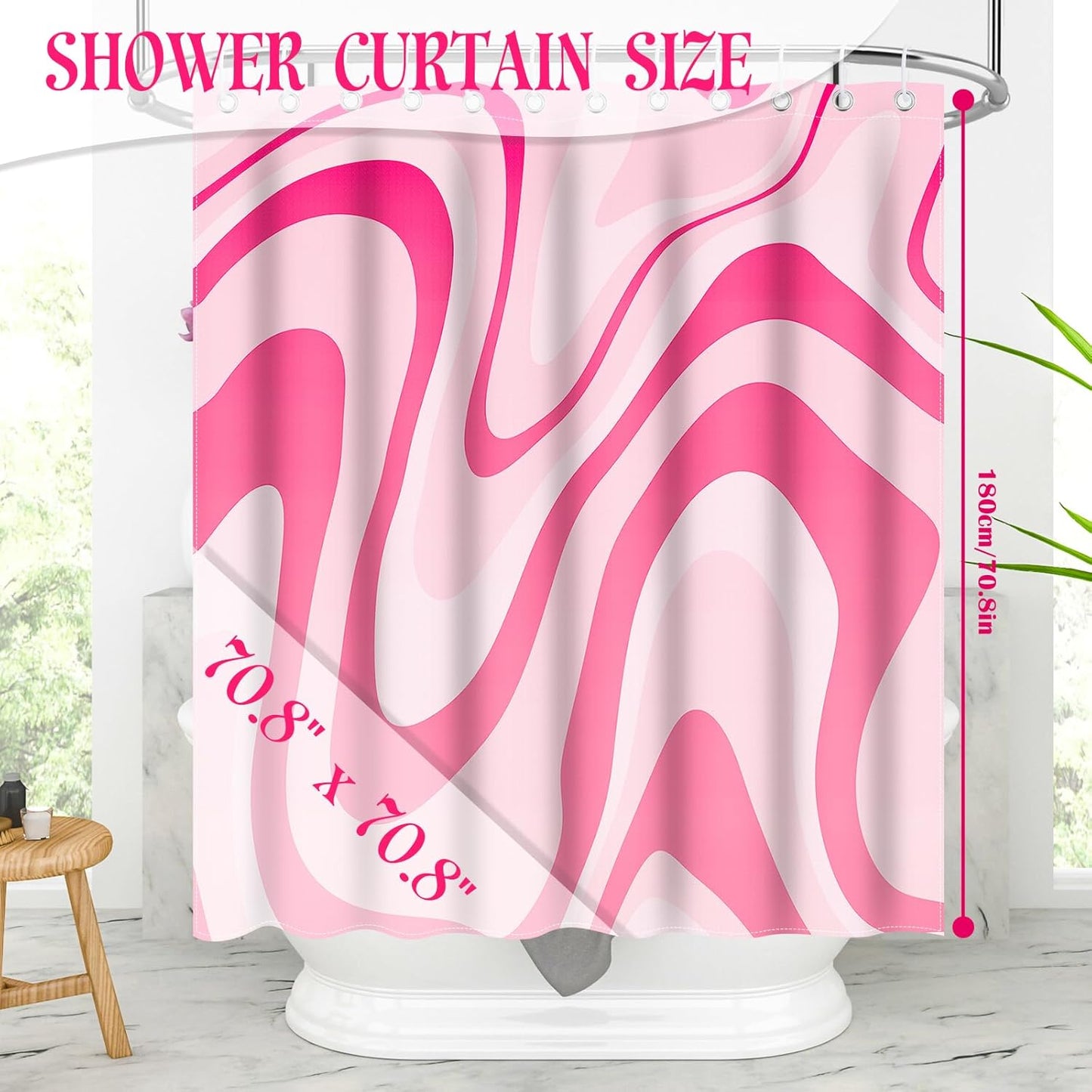 Fiodrimy Pink Shower Curtain Cute Preppy Aesthetic 70S 80S Abstract Wavy Swirl Shower Curtain with 12 Hooks, Groovy Teen Girls Bathroom Accessories 72 * 72 Inches, Pink