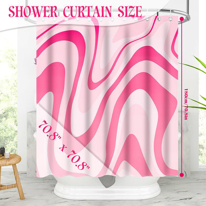Fiodrimy Pink Shower Curtain Cute Preppy Aesthetic 70S 80S Abstract Wavy Swirl Shower Curtain with 12 Hooks, Groovy Teen Girls Bathroom Accessories 72 * 72 Inches, Pink