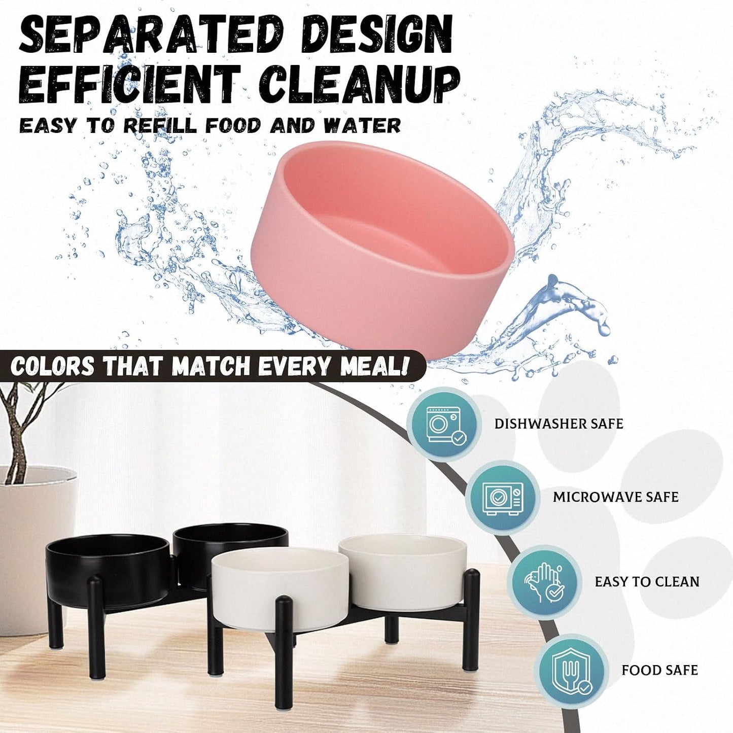 Raised Ceramic Dog Bowl Set - Elevated Double Dishes with Stainless Steel Stand - Food and Water Bowls for Small to Medium Dogs - Each Holds 3.5 Cups (29.57 fl oz) - Pink