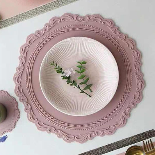 Reusable Placemats Embossed Flower Pattern Silicone Tableware Mat Vintage Design for Home Decor Protection Kitchen Dishes Pot Pad Coaster Easy to Light Pink S
