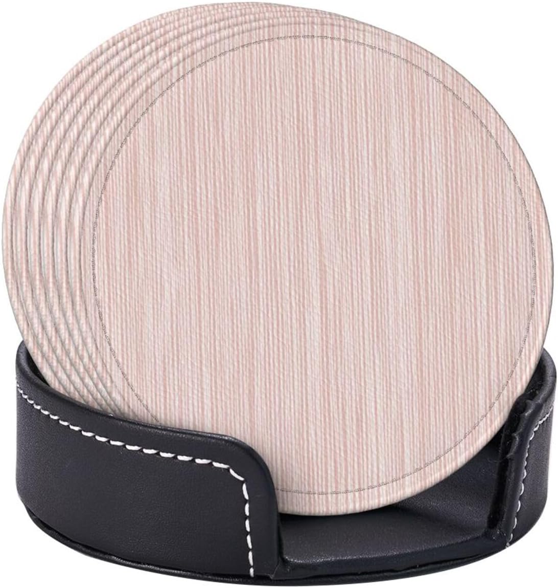 Light Pink Pastel Pattern Subtle Vertical Stripes Premium Leather Coasters, Set of 6 with Holder, Stylish Beverage Coasters for Kitchen Coffee Bar