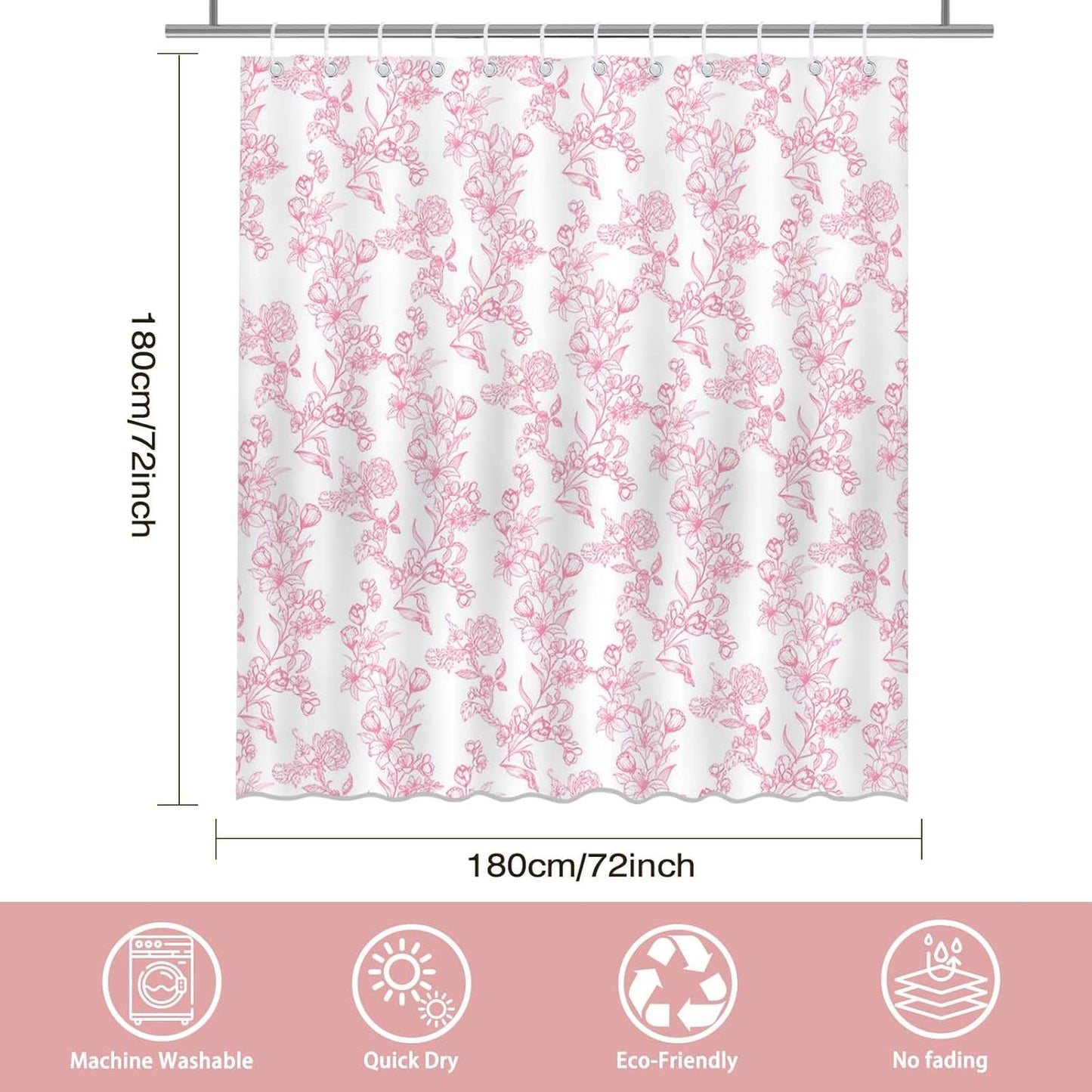 Mocsicka Floral Shower Curtain Pink Flower Bathroom Shower Curtain Spring Floral Pink Waterproof Fabric Shower Curtains Bathtub Decor with 12 Hooks 72 X 72 Inch (Pink)