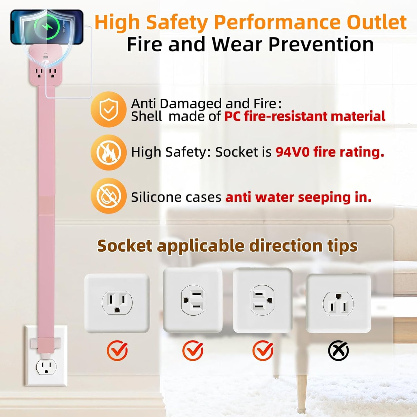 Outlet Extender 17-41in，Upgrade Stable USB-A&USB-C Wall Outlet Extender Made of Fireproof Material，Wall Plug Extender Anti-Wires-Chaos，with 4 Fixed Angles Suit for Outlet Behind Desk, Sofa（Pink）
