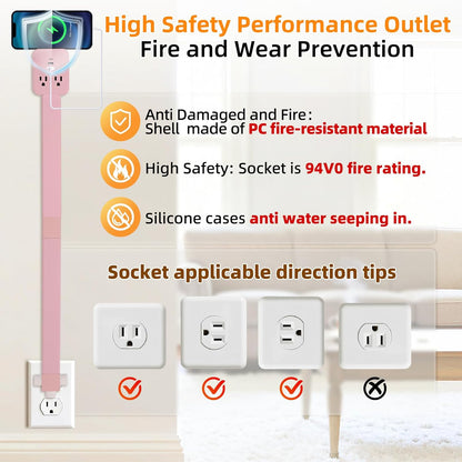 Outlet Extender 17-41in，Upgrade Stable USB-A&USB-C Wall Outlet Extender Made of Fireproof Material，Wall Plug Extender Anti-Wires-Chaos，with 4 Fixed Angles Suit for Outlet Behind Desk, Sofa（Pink）