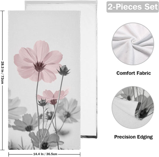 2 Pack Pink and Grey Floral Hand Towels for Bathroom,Absorbent Fingertip Guest Chic Flower Daisy Decorative Bath Towels,Soft Vintage Blak Gray Branch Dish Towels for Kitchen Decor 14"x28"