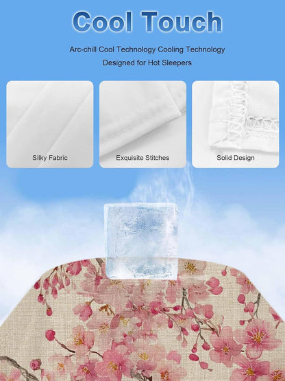 Cooling Blanket for Hot Sleepers, Peaches Branches Lightweight Ice Blanket for Night Sweats, Farmhouse Spring Botanical Pink Flowers Summer Cooling Throw Blankets for Bed/Soft/Travel 30"x40"