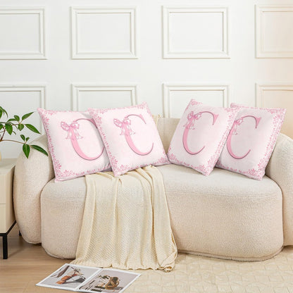 Manfei Pink Letter C Throw Pillow Cover Princess Bowknot Double Sides Pillow Case for Kids Boys Girls,Watercolor Floral Bow Cushion Cover for Bed Couch Sofa,1 Pack 18"x18"