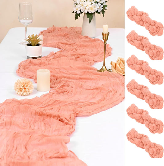 6 Pack Coral Cheesecloth Table Runner 10FT Cheese Cloths for Wedding Decor, 20x120inch Rustic Boho Gauze Table Runners for Wedding Party Bridal Shower Table Decoration