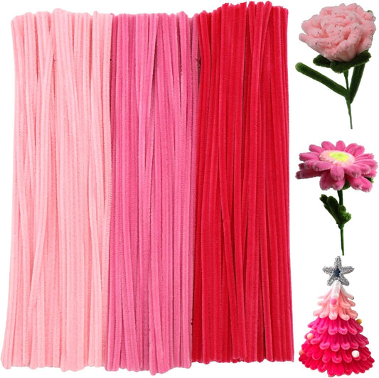 300pcs Pipe Cleaners Craft Bulk,3 Assorted Colors Pink Pipe Cleaners,6mm x 12inch Thick Fuzzy Chenille Stem Sticks for Craft Art DIY Projects Decorations