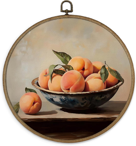 Gnmduw Antique Peach Wall Art Framed, Farmhouse Peaches Fruit Round Hanging Wall Decor, Vintage Peach Canvas Prints Art for Kitchen Bedroom Dining Room, 10x10 In