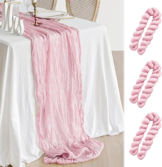 3 Pcs Light Pink Cheesecloth Table Runner, 35×120 inch, Cheese Cloth Boho Gauze Rustic Sheer Table Runner, Table Decorations for Valentine'Day Baby Shower Birthday Wedding Bridal Holiday Home Decor