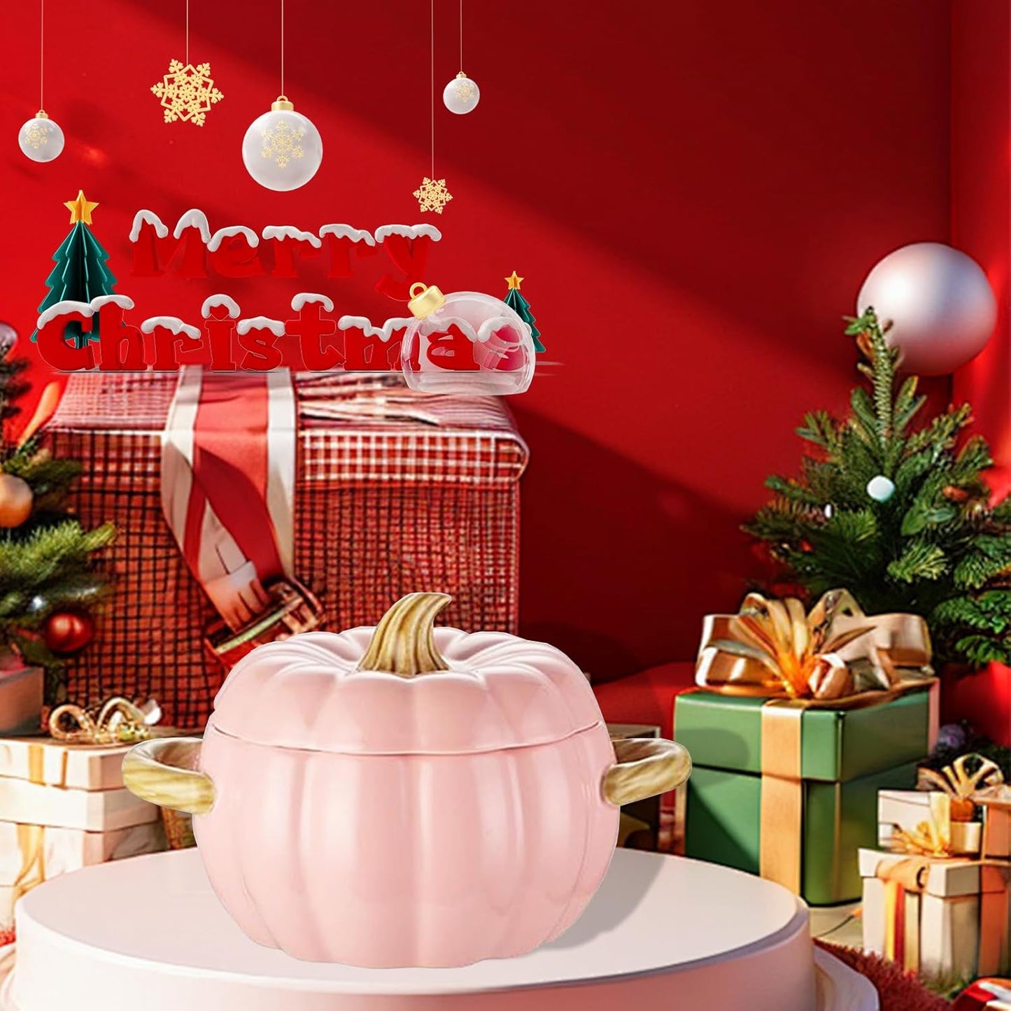 Dutch Oven Pot with Lid, Pumpkin Pottery Dessert Saucepan, Mini Baking Dish Cute Pumpkin Bowl, Covered Dutch Oven Ceramic Stockpot, Pumpkins-Shaped Casserole (Pink)