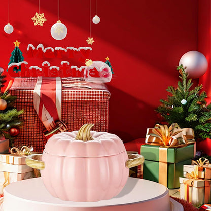 Dutch Oven Pot with Lid, Pumpkin Pottery Dessert Saucepan, Mini Baking Dish Cute Pumpkin Bowl, Covered Dutch Oven Ceramic Stockpot, Pumpkins-Shaped Casserole (Pink)