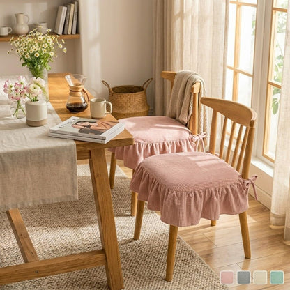 Ruffled Chair Cushion with Removable Cover & Insert, 17x18 Inch Cotton Linen Dining Chair Pad with Ties, Shabby Chic Farmhouse Seat Cushion for Kitchen (Pink)