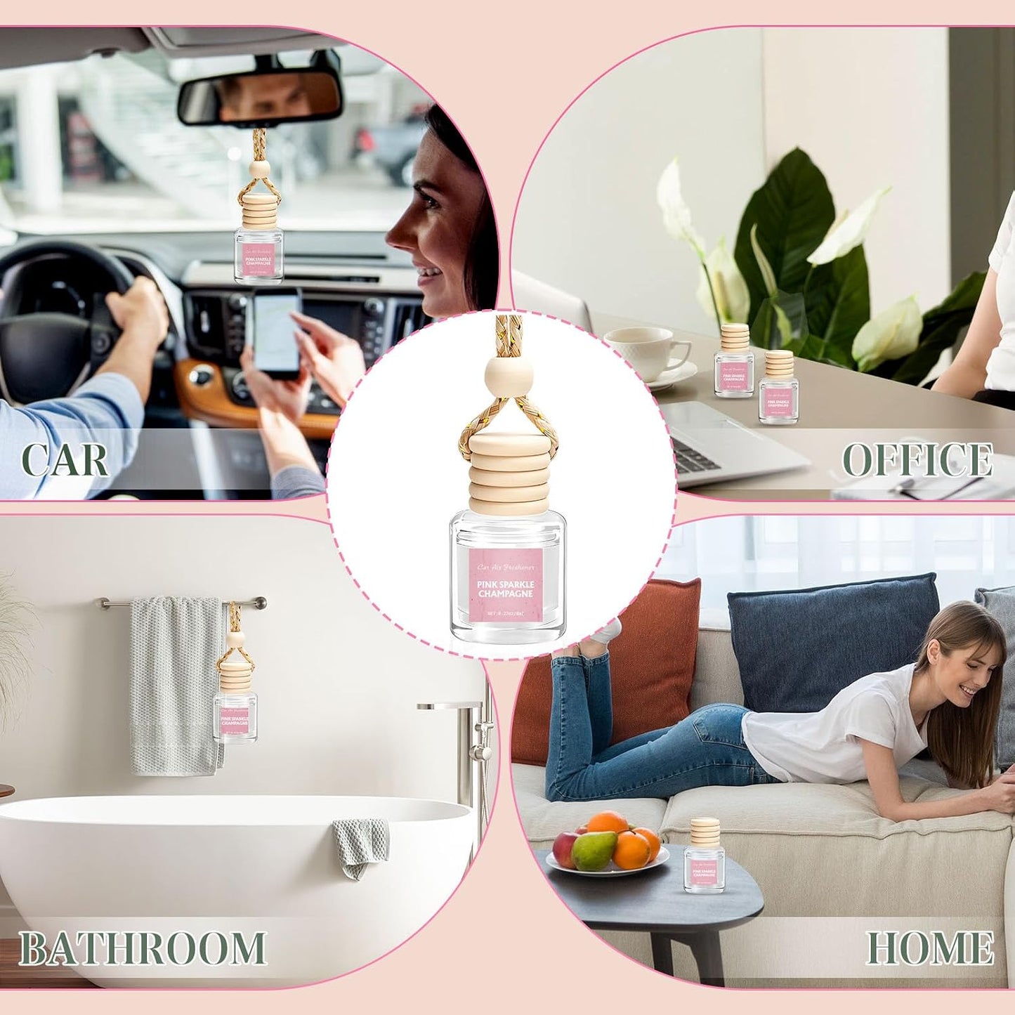 AROIC Car Air Freshener - Pink Sparkle Champagne Fragrance, 6 Pack Long Lasting Essential Oil Fragrance Diffuser, Hanging Cute Automotive Perfumes Interior Decor, Pink Car Accessories for Women & Men