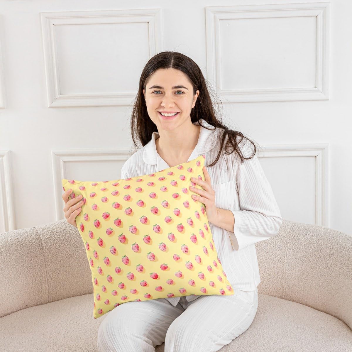 Manfei Cute Strawberry Pattern Throw Pillow Covers Set of 2 Pink Cute Fruit Theme Cushion Covers for Couch Sofa Rustic Warm Style Decorative Pillowcases Yellow Soft Outdoor Pillows Covers,20"x20"