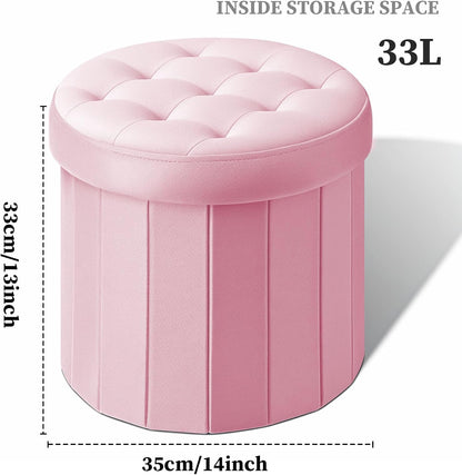 Bsketa® Folding Storage Ottoman Round 14" x 14" x 13"Inch Foot Stool with Thicker Foam Padded Seat Small Velvet Storage Ottoman Bench Foot Rest for Living Room Foldable Coffee Table(Pink)