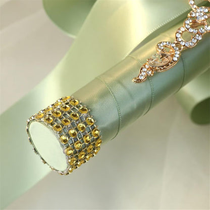 Handmade Rhinestone Bridal Bouquet for Wedding Round Tossing Bouquet Artificial Flower Bunch for Bride Bridesmaid (Sage+Ivory+Peach Pink, Small (Dia. 7.5"/18cm))