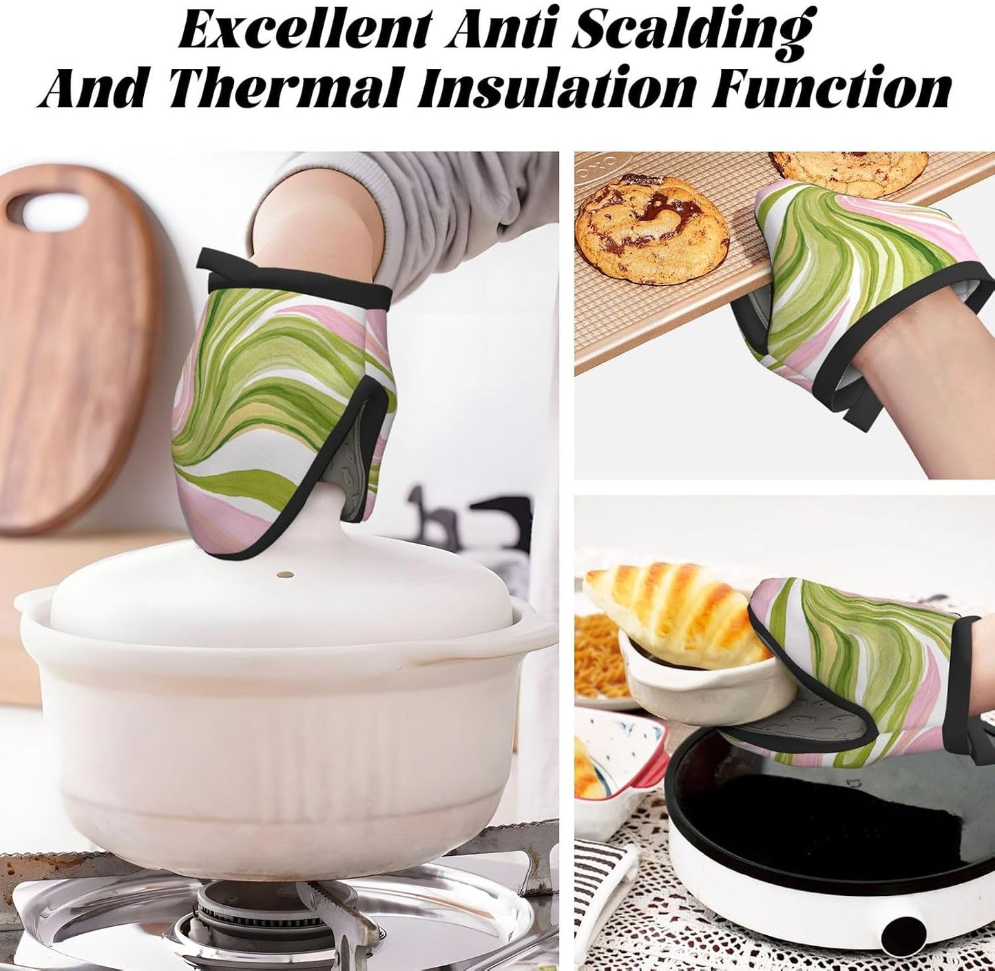 Watercolor Light Pink Green Swirl Marble Mini Silicone Oven Mitts Heat and Slip Resistant Kitchen Mittens,Short Oven Gloves for Safe Cooking Baking & Grill,5.9"X5.9"