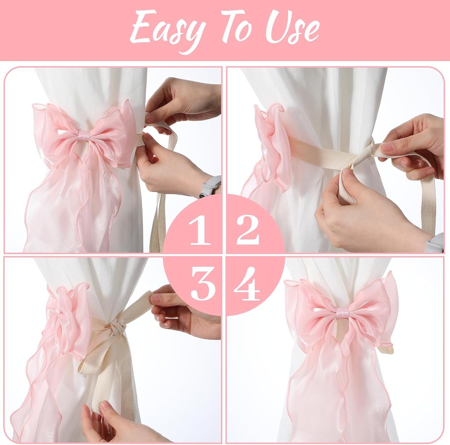 Ouligay 2 PCS Pink Curtains Tiebacks Bow Tie Backs for Curtains French Lace Ribbon Curtain Tiebacks Elegant Curtain Ties for Drapes for Home Office Bedroom Living Room Wedding Party Decoration