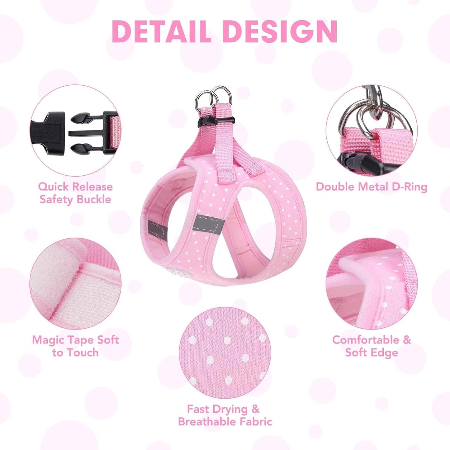 BINGPET Dog Vest Harness for Puppy and Cat, No Pull Adjustable Reflective Step-in Puppy Harness Cute Pink Polka Dot Soft for Small and Medium Dogs
