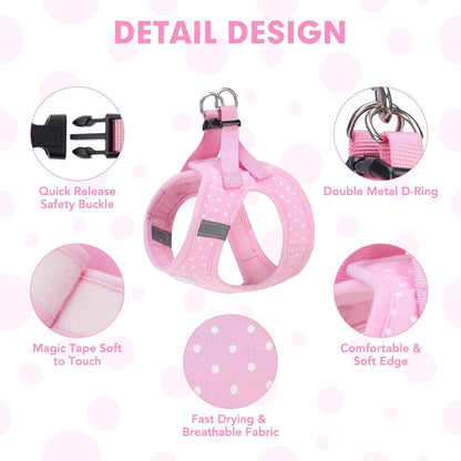 BINGPET Dog Vest Harness for Puppy and Cat, No Pull Adjustable Reflective Step-in Puppy Harness Cute Pink Polka Dot Soft for Small and Medium Dogs