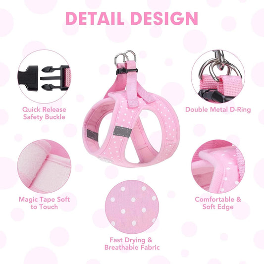 BINGPET Dog Vest Harness for Puppy and Cat, No Pull Adjustable Reflective Step-in Puppy Harness Cute Pink Polka Dot Soft for Small and Medium Dogs