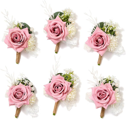 Serwalin 6 Pcs Pink Boutonniere for Men, Groom Groomsmen Best Man Guest Boutonnieres，Artificial Flowers Silk Rose for Wedding Prom Ceremony Anniversary Party Homecoming