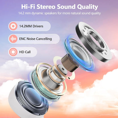 Wireless Earbuds 2025 NEW Bluetooth 5.4 Headphones Bass 3D Stereo,In-Ear Pink Earphones with 4 ENC Noise Cancelling Mic,48H Playtime with LED Display, IPX7 Waterproof for Laptop Android iOS, Rose Gold