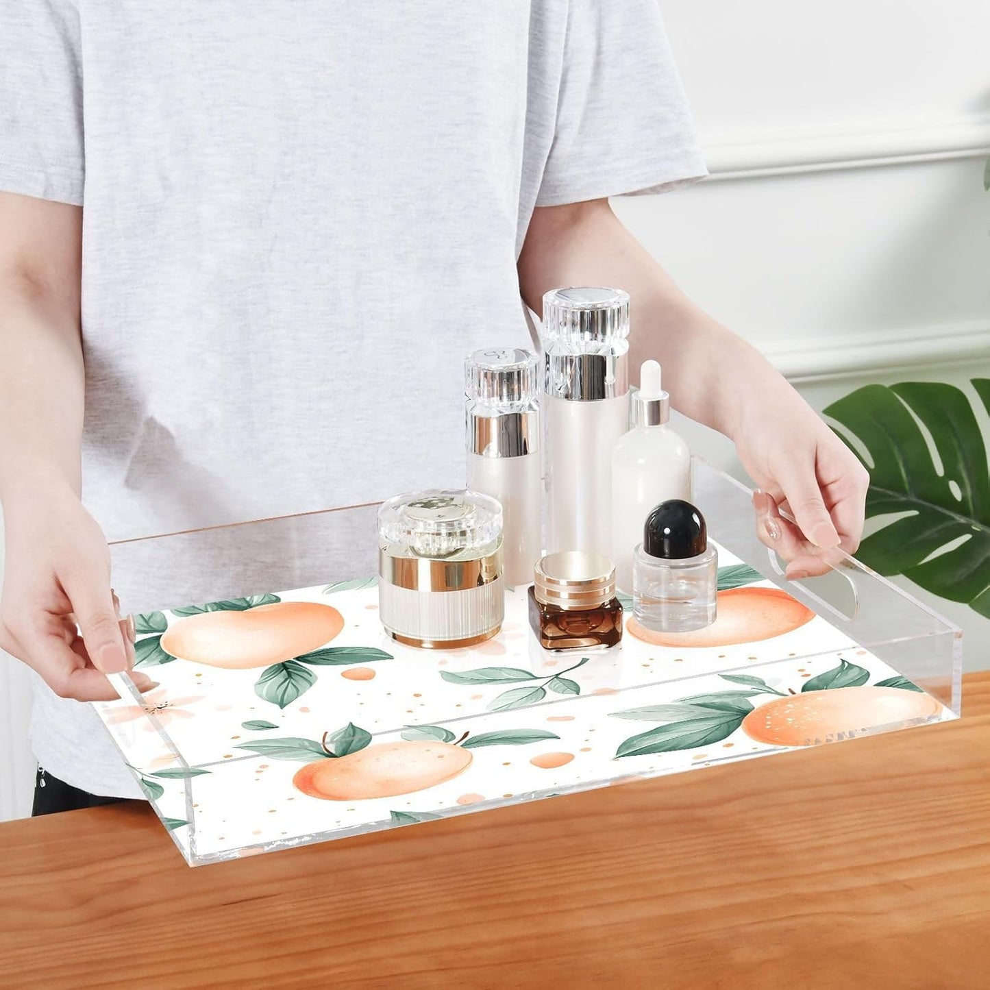 YETTASBIN Peach Acrylic Serving Tray with Handles 12 x 16 Inch, Sturdy Spill-Proof & Non-Slip Decorative Tray for Kitchen Countertop, Bathroom Vanity Organizer, Ottoman Coffee Table