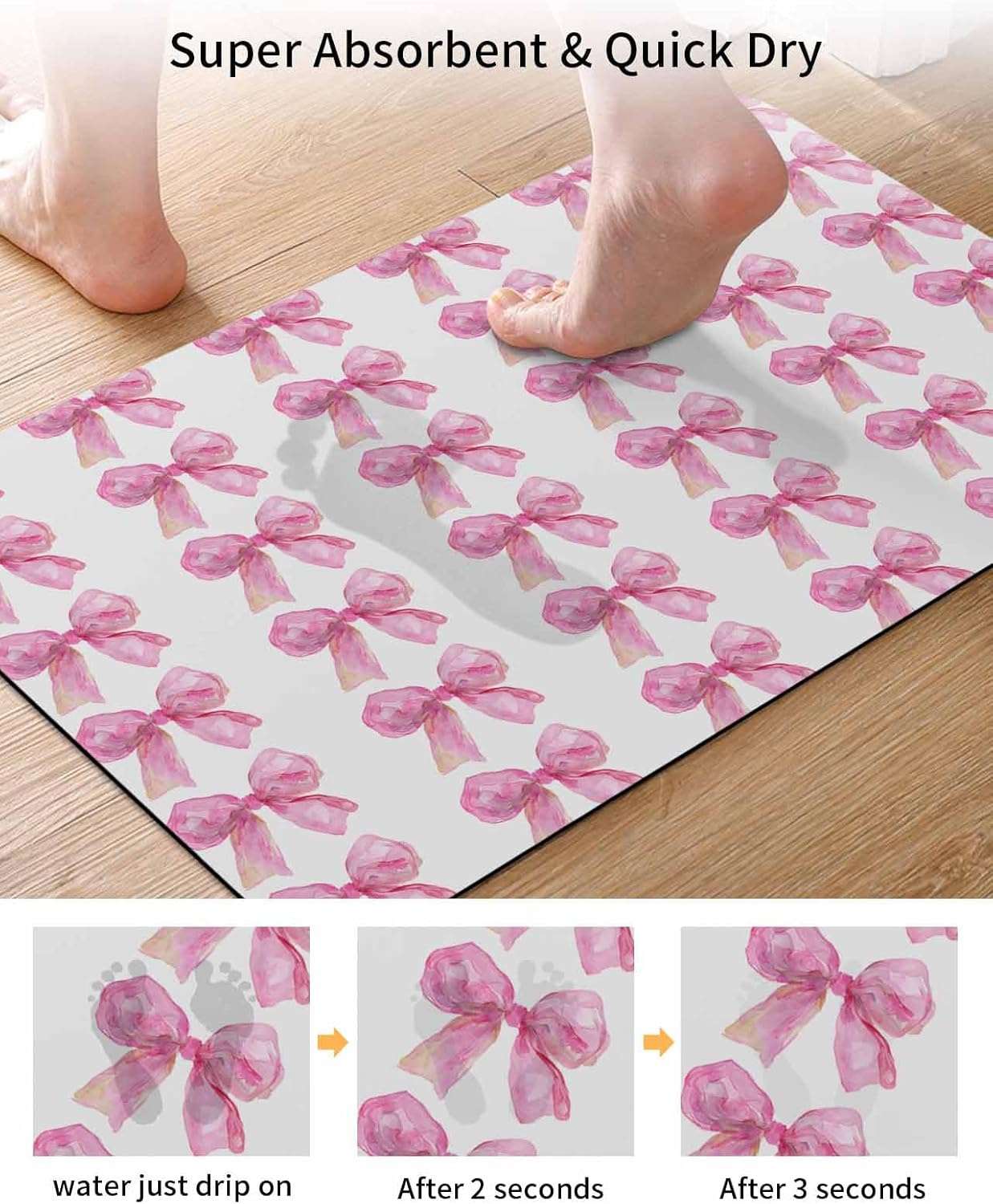 Bath Rugs,Spring Idyllic Pink Bow on White Absorbent Diatomaceous Earth Bath Mat Quick Drying Non Slip Washable Shower Mat 18x30IN,Watercolor Ribbon Doormat for Bathtub Kitchen Living Room