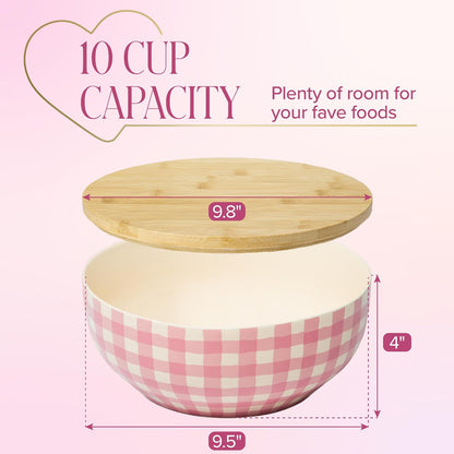 Paris Hilton Serving Bowl with Bamboo Lid, Stoneware Salad Bowl with Pink Gingham Print Exterior, Lid Doubles as Cutting Board, 10-Cup, Pink