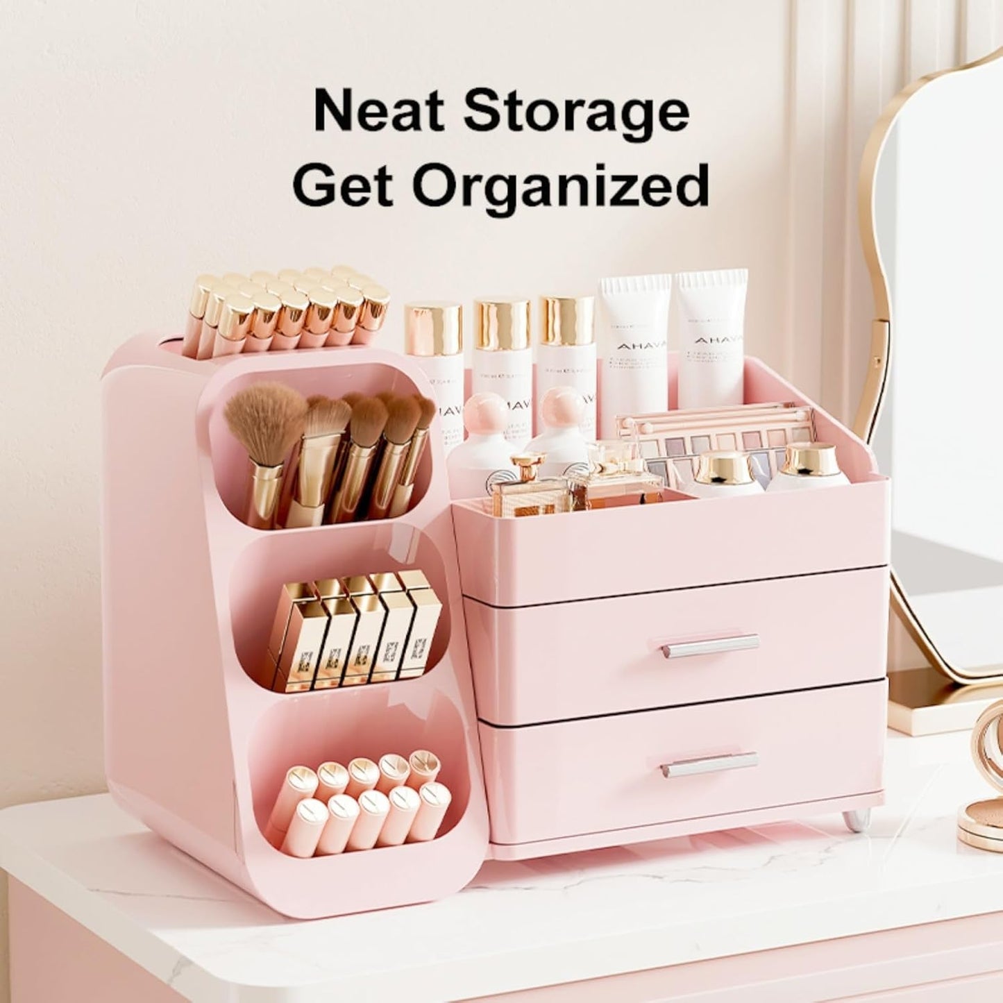 Makeup Organizer with Drawers,Large Capacity Countertop Organizer for Vanity,Bathroom and Bedroom Desk Cosmetics Organizer,Easy To Storage Skincare,Brushes,Lotions (All Pink)