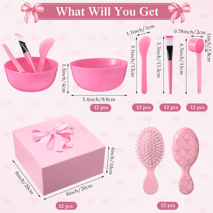 Pinkunn 120 Pcs Pink Spa Party Favors for 12 Guests, Coquette Sleepover Party Supplies with Gift Boxes, Face Mask Bowls, Brushes, Mirrors, Hair Brushes, Headbands, Scrunchies, Bridal Shower
