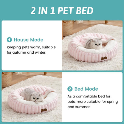 Cat Bed with Hooded Blanket, Round Fluffy Anti-Anxiety Pet Bed for Cats/Toy Breed Dogs, Cozy Donut Cuddler with Machine Washable Faux Fur & Anti-Slip Bottom(20"×20"×6",Pink)