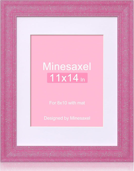 11x14 Glitter Picture Frame with Mat for 8x10, HD Real Glass Pastel Sparkle Photo Frames, Colorful Cute Fun or Unique 11 by 14 Artwork Frame for Tabletop or Wall Display Pink 1 Pack