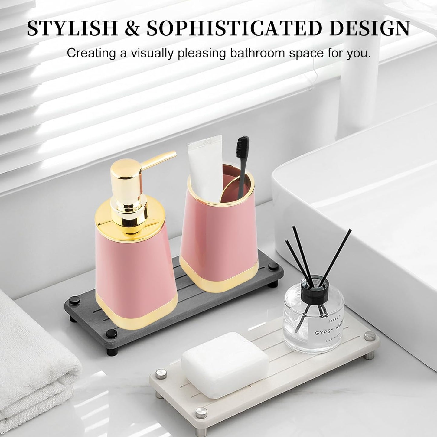 Bathroom Accessories Set, 2Piece Pink and Gold Bathroom Accessories Include Soap Dispenser and Toothbrush Holder for Modern Bathroom Decor