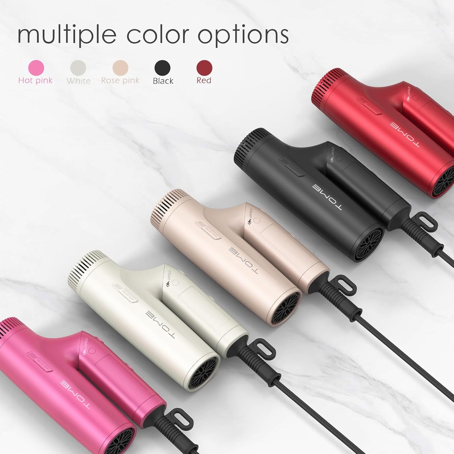 TOME Dual Voltage Travel Hair Dryer, Foldable Blow Dryer, DC Motor, 1200W Fast Drying, Cool Shot, 3 Heat 3 Speed, Nozzle, Diffuser, Air-Powered Wrap Wands, 120–240V Universal Adapter Red (Pink)