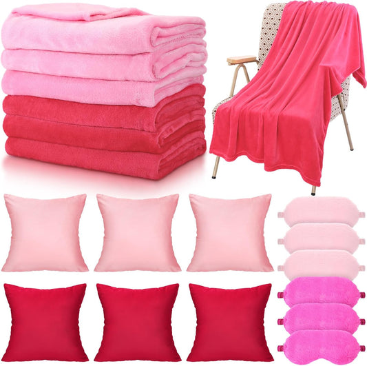 Fanfanwin 18 Pcs Sleepover Party Supplies Set 6 Pcs Fleece Soft Blankets 6 Pcs Velvet Pillows 6 Pcs Faux Rabbit Fur Sleep Eye Mask Sleeping Stuff Accessories for Slumber Spa Favors(Pink,Rose Red)