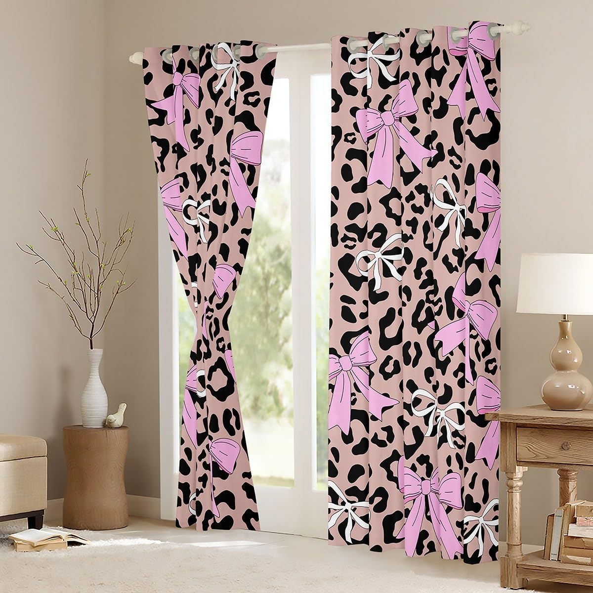 Erosebridal Bow Leopard Girly Pink Window Curtains 38" Wx54 L, 2 Panels | Bowknot Ribbon Blackout Curtains Fur Print Cheetah Brown Black Lightweight Window Treatments Drapes