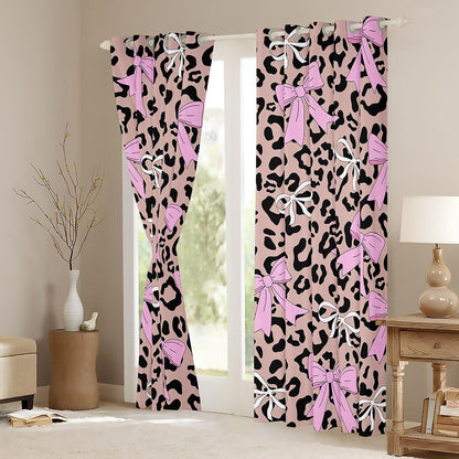Erosebridal Bow Leopard Girly Pink Window Curtains 38" Wx54 L, 2 Panels | Bowknot Ribbon Blackout Curtains Fur Print Cheetah Brown Black Lightweight Window Treatments Drapes