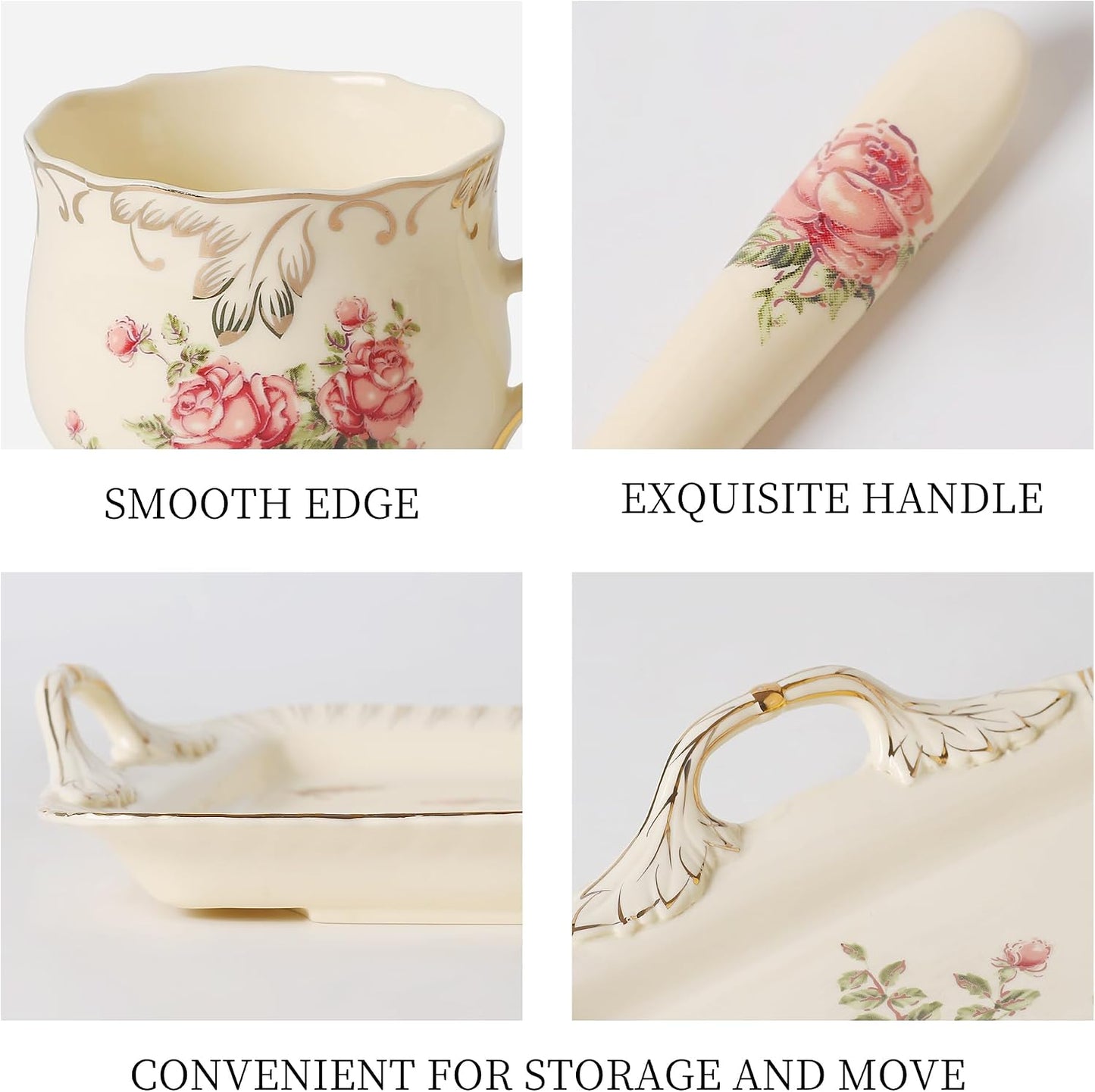 Ceramic Tea Set, 4 Cups and Spoons, One Sugar Bowl, One Milk Kettle, One Storage and Removeable Tray, for Home Party or Wedding Service, Pink Rose