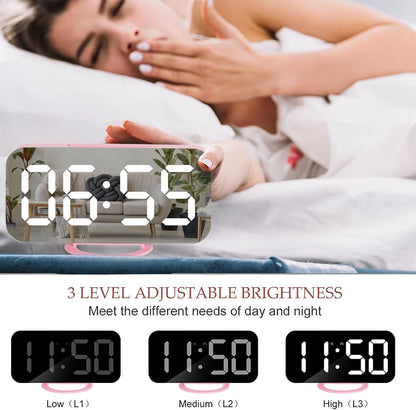 Lamisola Pink Digital Alarm Clock for Girls, Large LED Mirror Desk Clock, 2 USB Charging Ports, Nightstand Table Aesthetic Sleek Clocks Decor for Bedroom Office, Pink